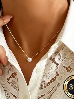[COMING SOON] Delicate Solitaire Necklace w Clear Crystal Pendant - Silver Tone